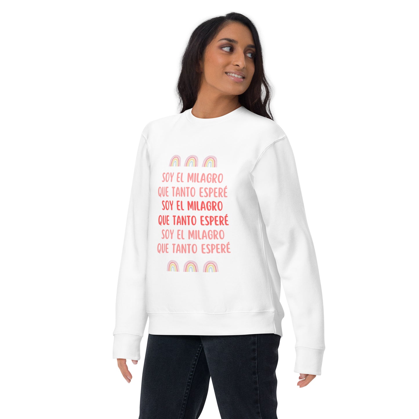 Vista frontal de la sudadera blanca vintage "Soy el milagro que tanto esperé", con mensaje inspirador de autoamor.