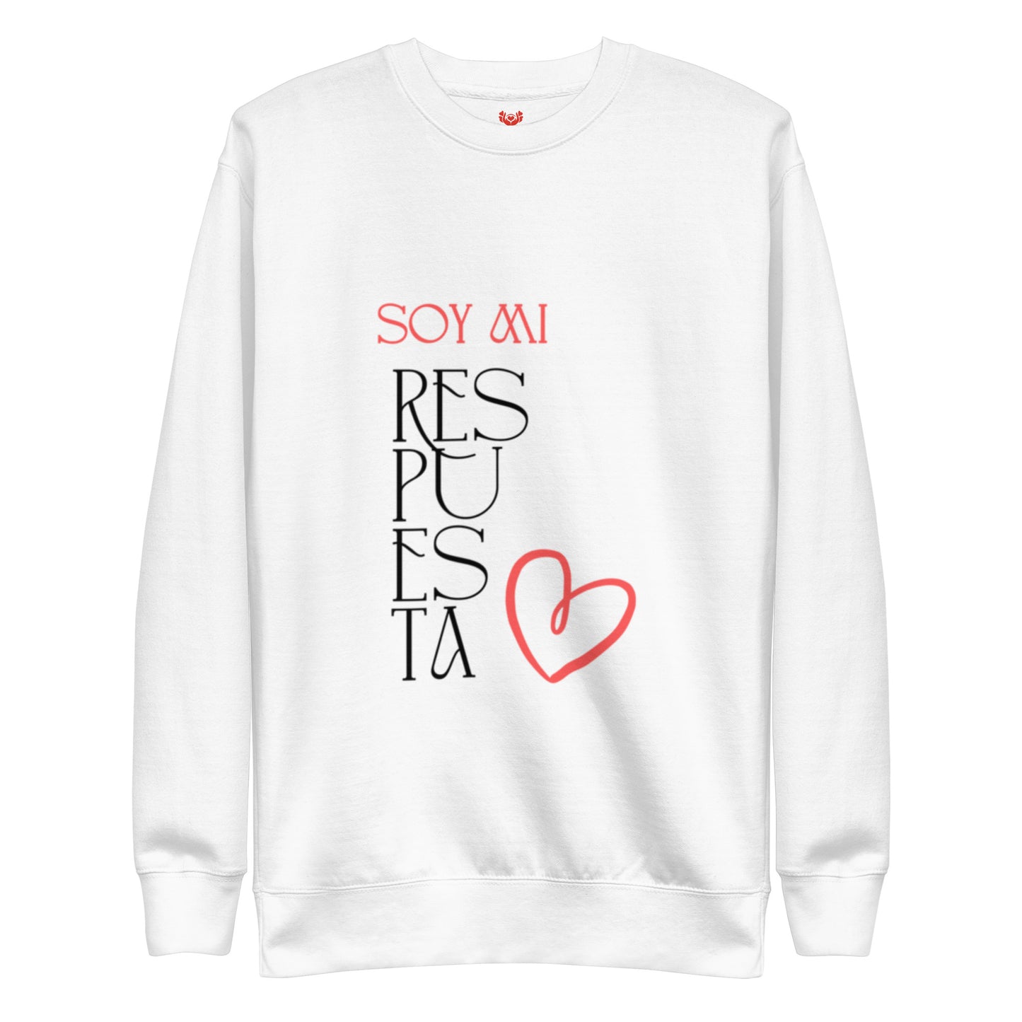 Detalle de tela suave y costuras de sudadera ‘Soy mi respuesta’ en blanco, prenda consciente y amorosa
