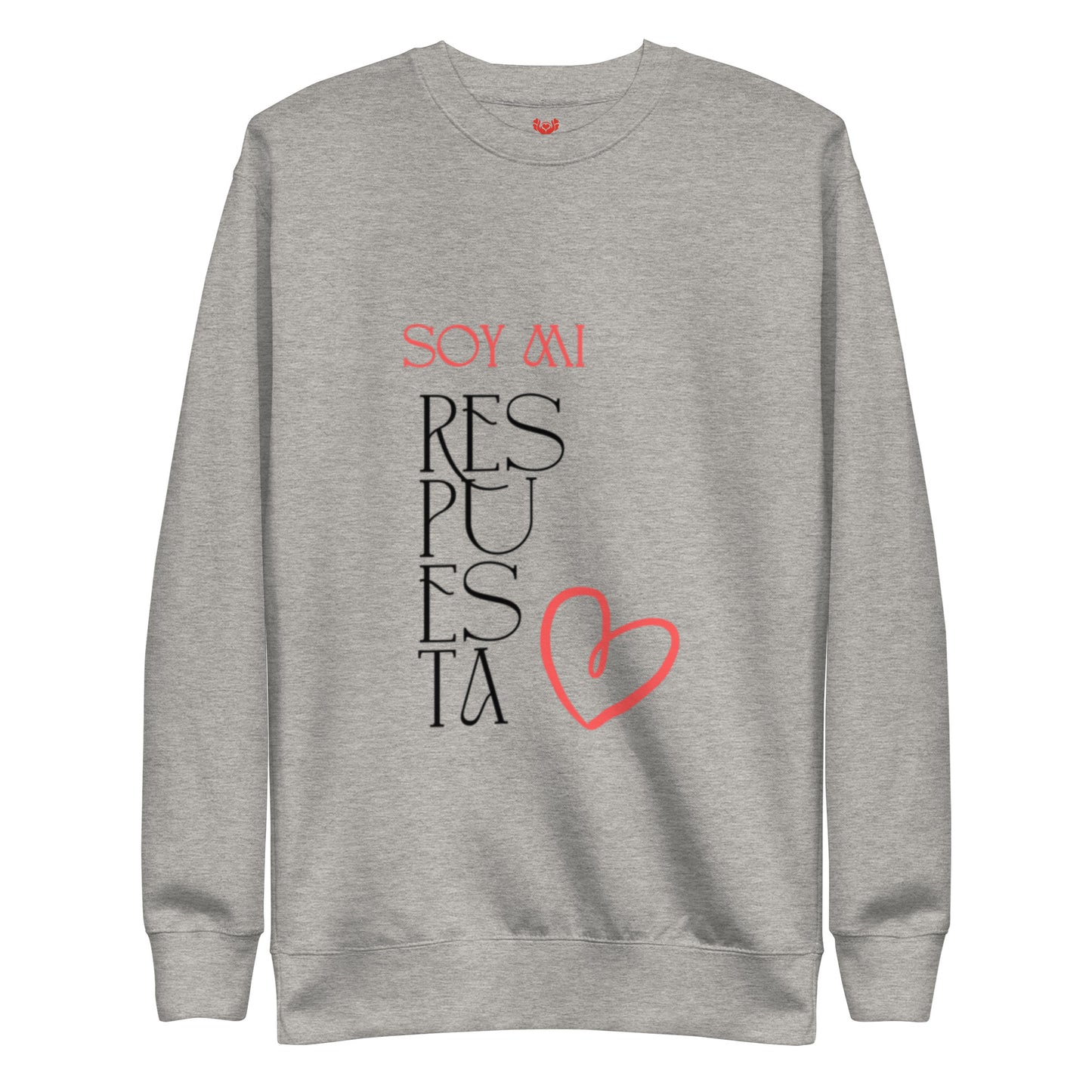 Detalle de tela suave y costuras de sudadera ‘Soy mi respuesta’ en carbon grey, prenda consciente y amorosa.