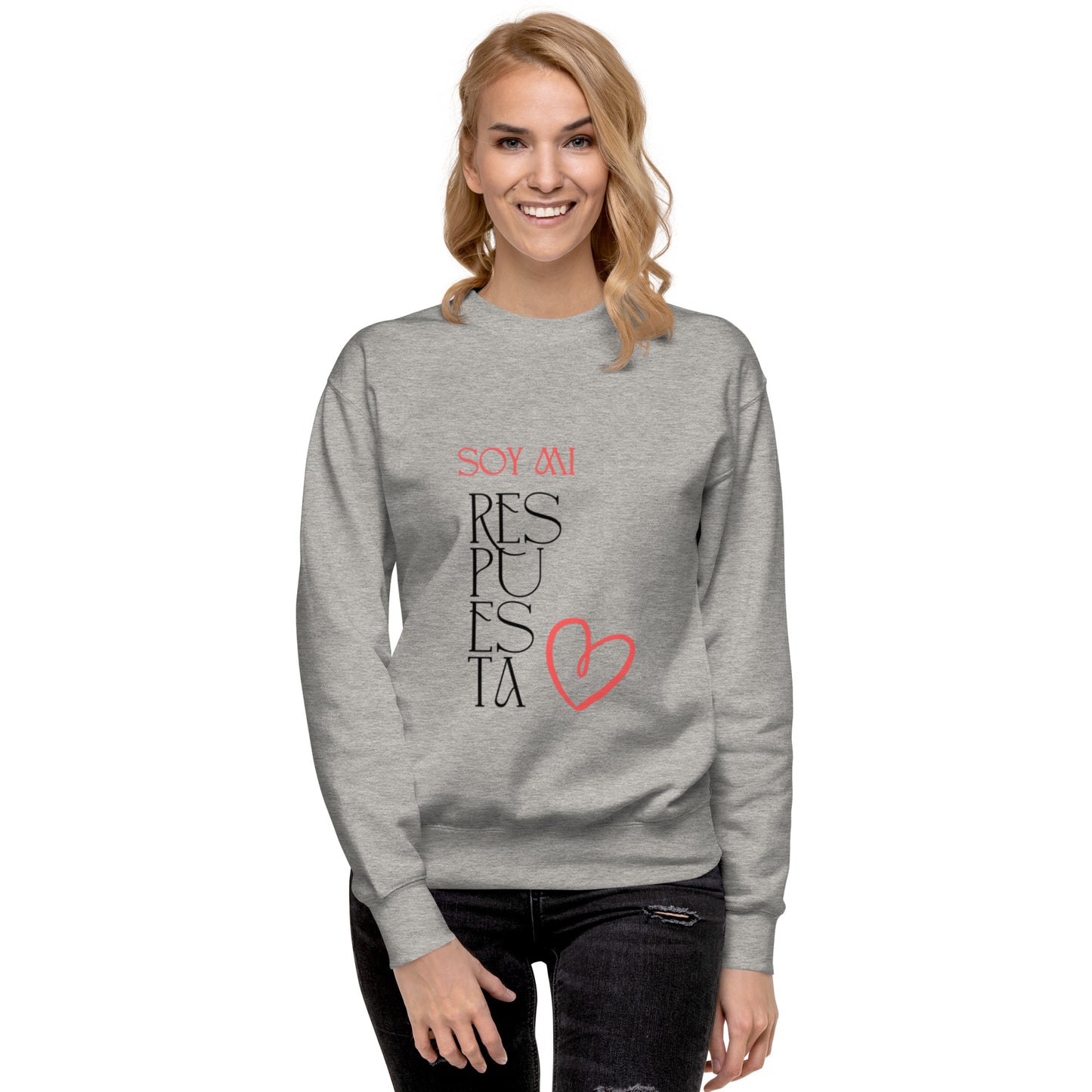 Sudadera mujer gruesa ‘Soy mi respuesta’ en color carbon grey, frontal, con mensaje de autoamor y amor propio