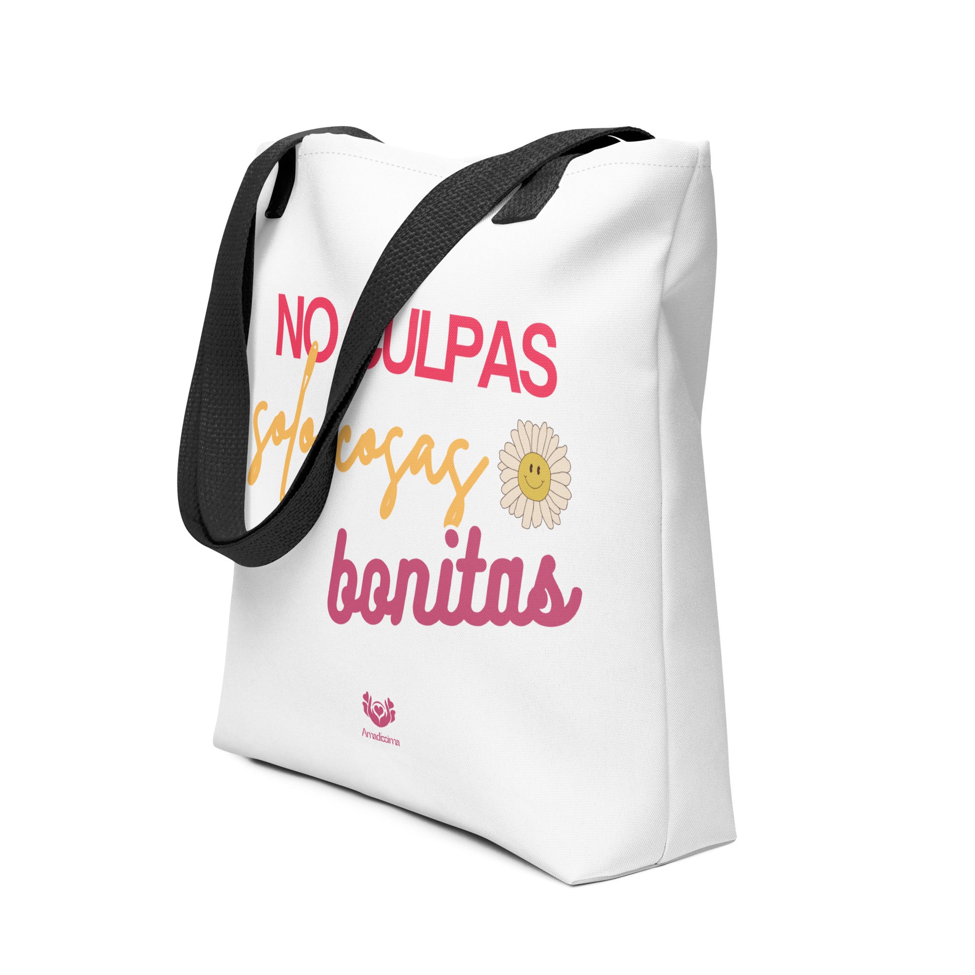 Bolsa tote “No culpas, solo cosas bonitas” con asas negras, vista lateral en perfil