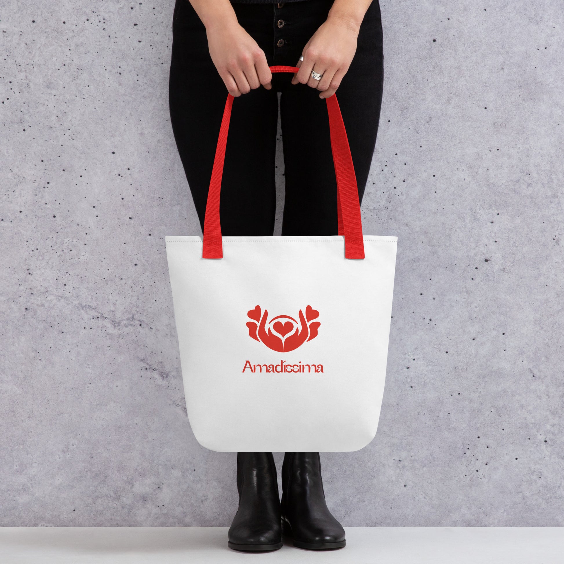 Bolsa tote blanca “Esencial” con logo rojo Amadíssima, vista frontal