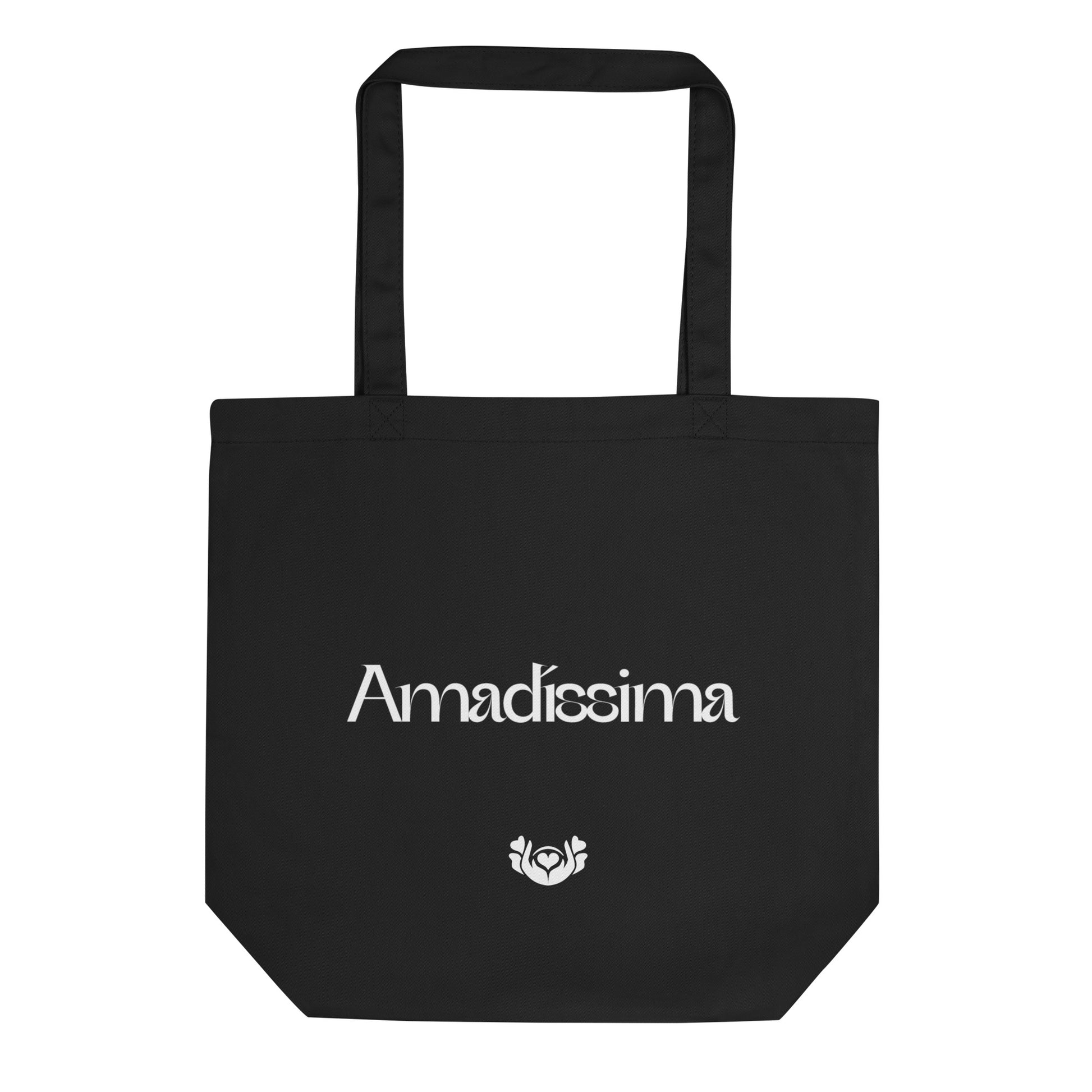 Bolsa tote negra “Sutil” algodón orgánico con logo blanco Amadíssima, vista frontal