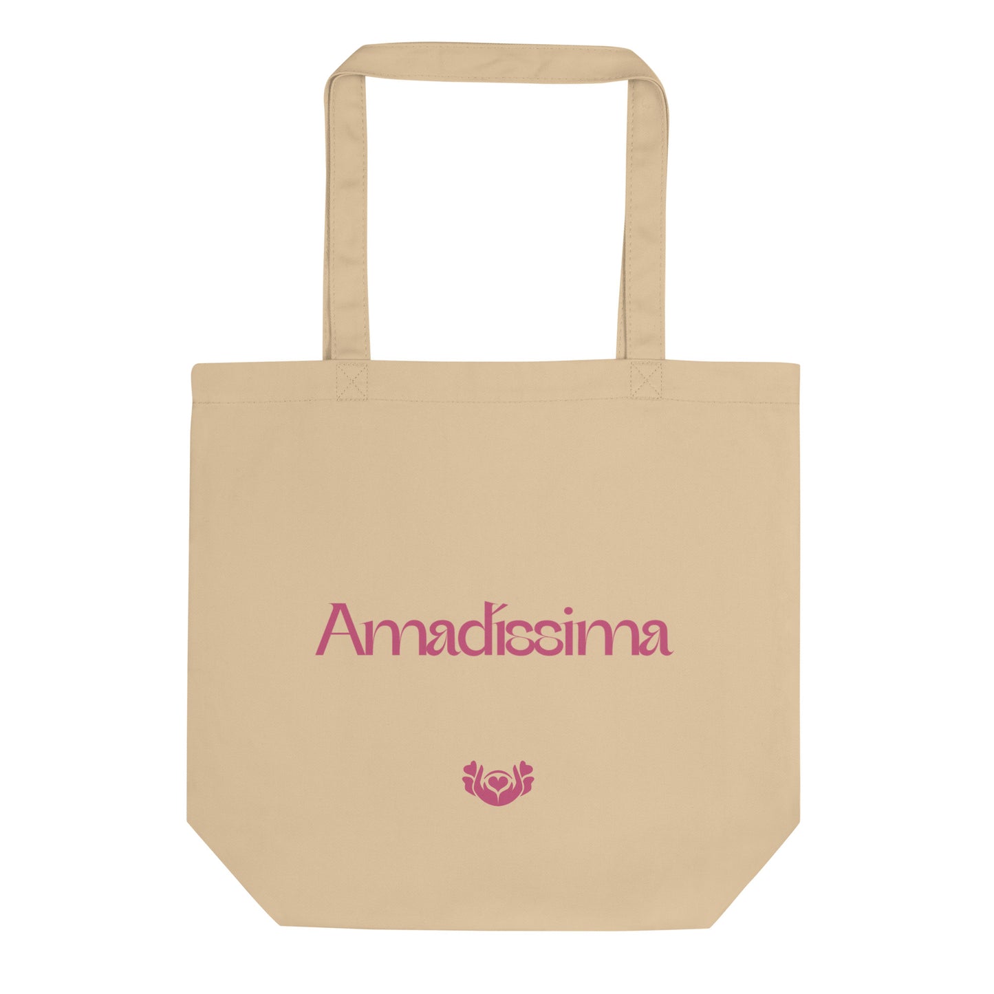 Bolsa tote oyster “Sutil” algodón orgánico con logo fucsia Amadíssima, vista frontal