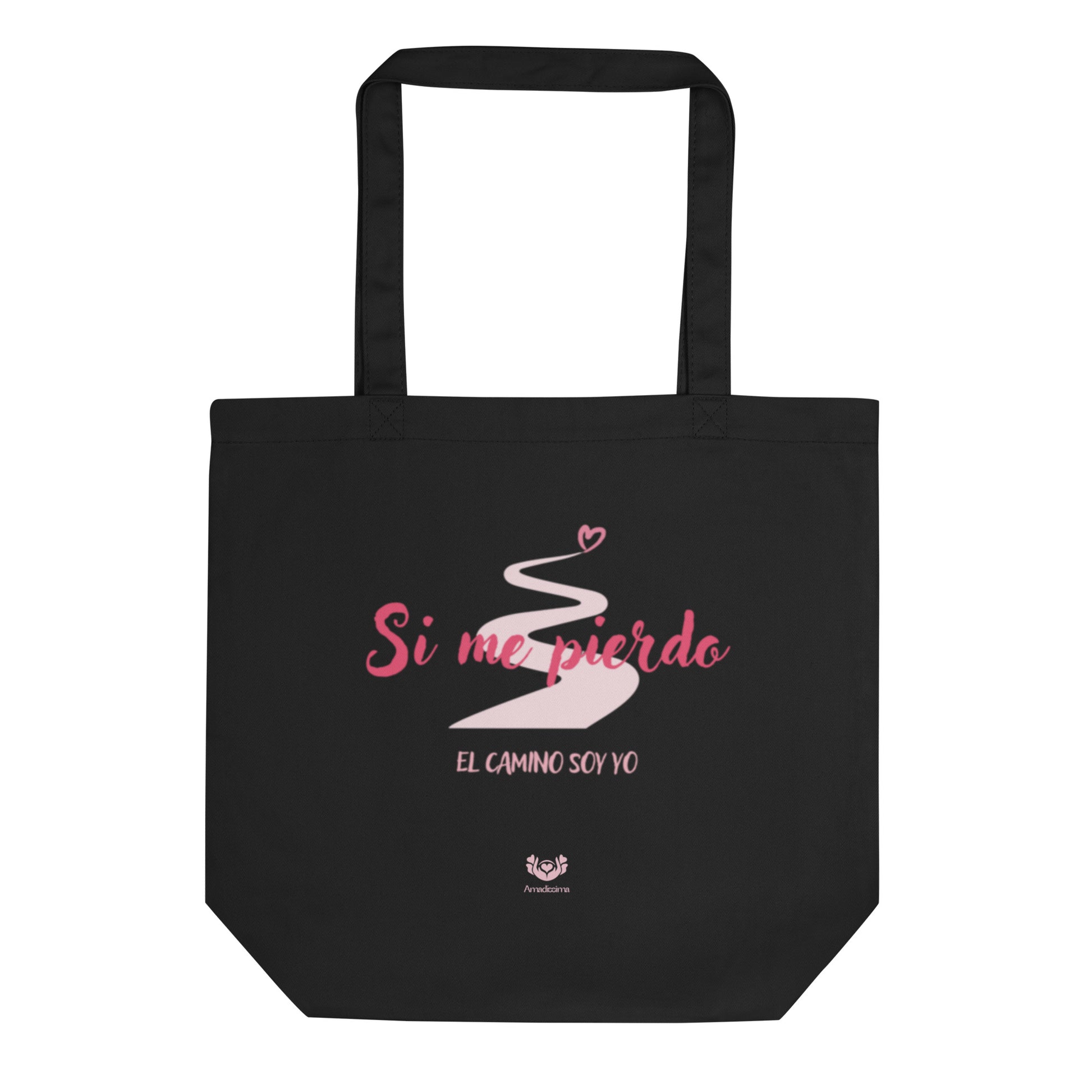 Bolsa tote ecológica Amadíssima con frase inspiradora, vista frontal con asa abierta, detalle de tela sostenible.