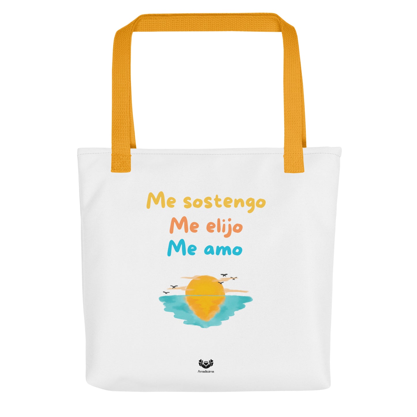 Bolsa tote “Me sostengo, me elijo, me amo” vista frontal detalle del diseño