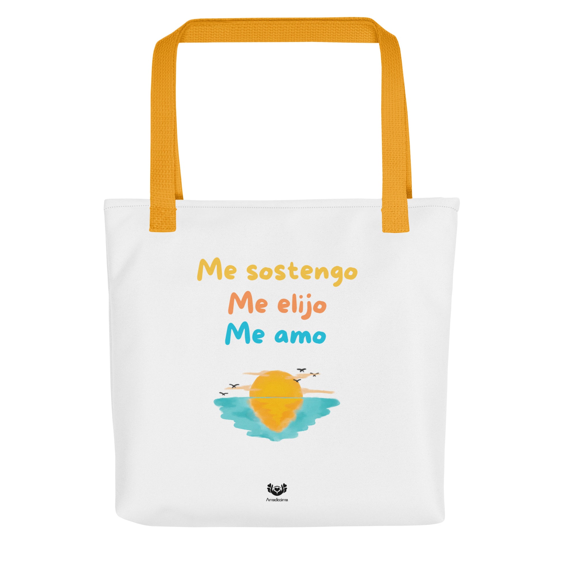 Bolsa tote “Me sostengo, me elijo, me amo” vista frontal detalle del diseño