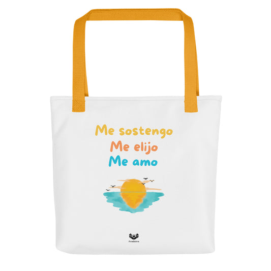 Bolsa tote “Me sostengo, me elijo, me amo” vista frontal detalle del diseño
