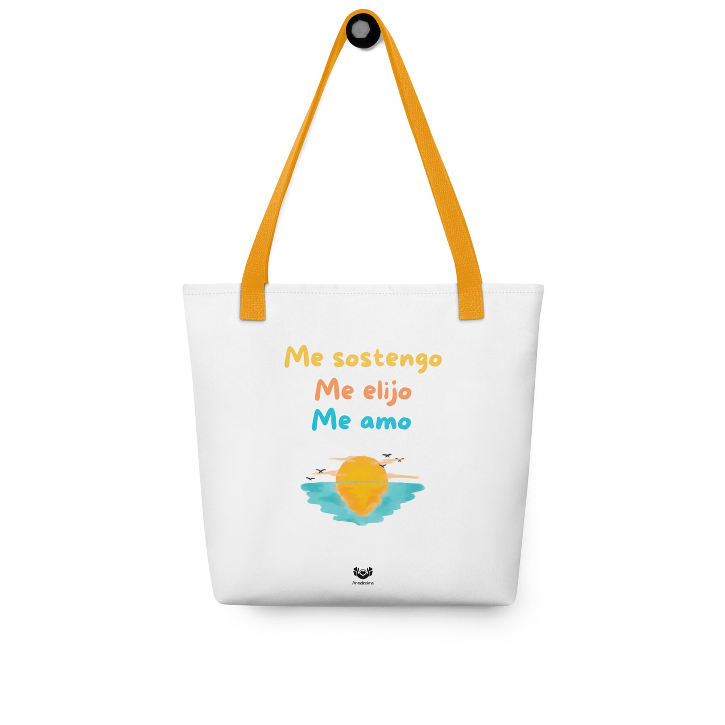 Bolsa tote “Me sostengo, me elijo, me amo” frontal sobre fondo blanco