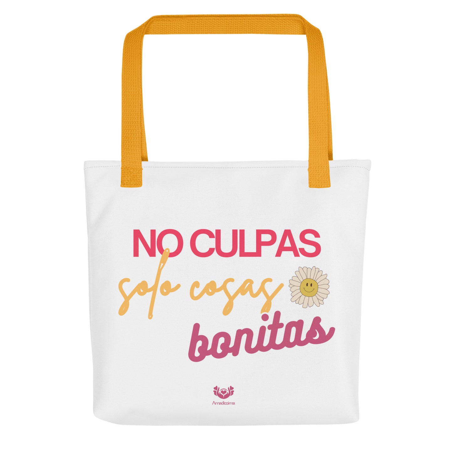 Bolsa tote “No culpas, solo cosas bonitas” con asas amarillas, vista frontal de la prenda