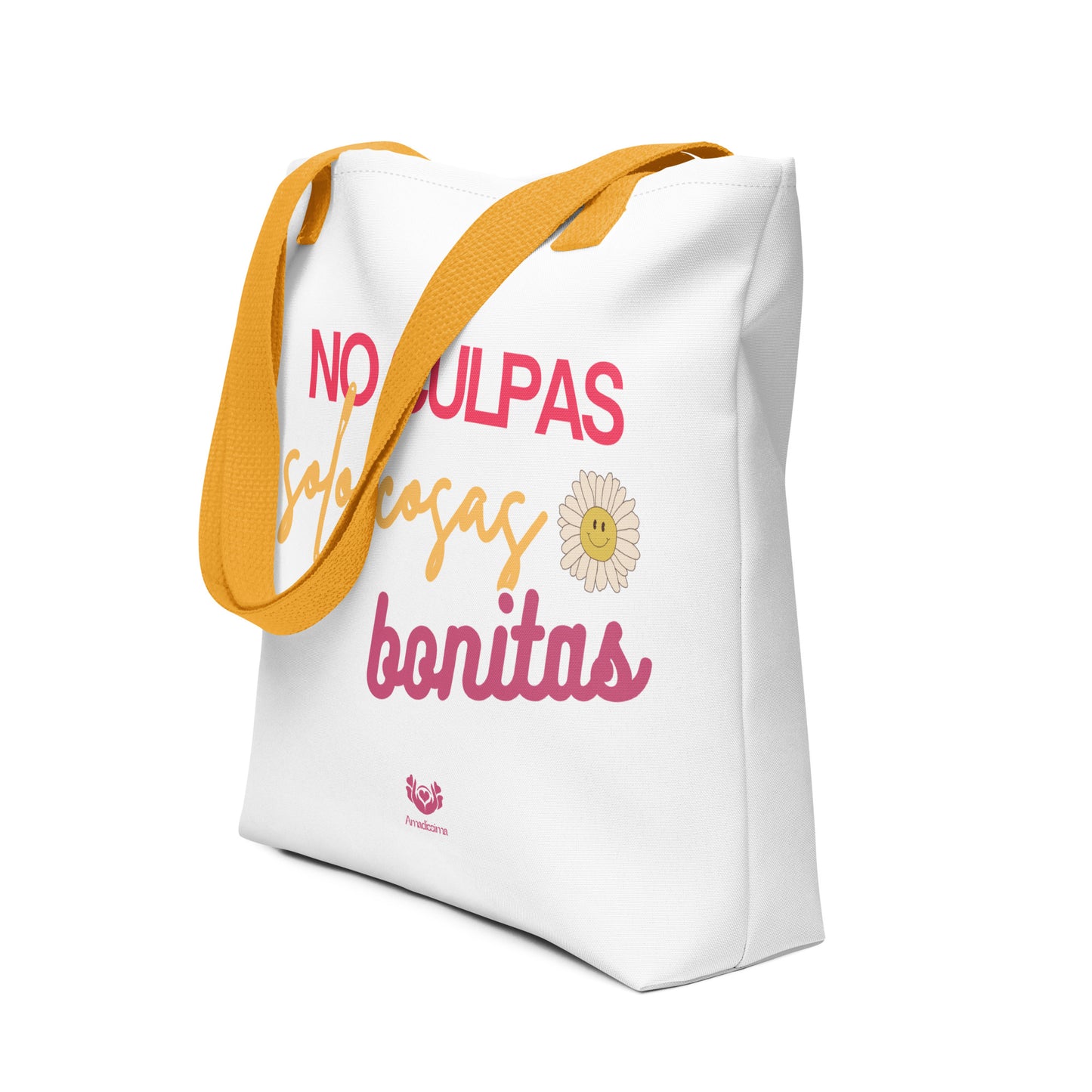 Bolsa tote “No culpas, solo cosas bonitas” con asas amarillas, vista lateral en perfil