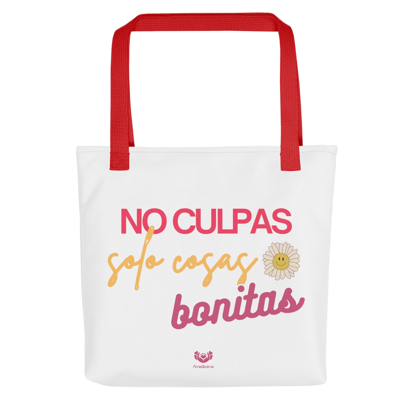 Bolsa tote “No culpas, solo cosas bonitas” con asas rojas, vista lateral en perfil