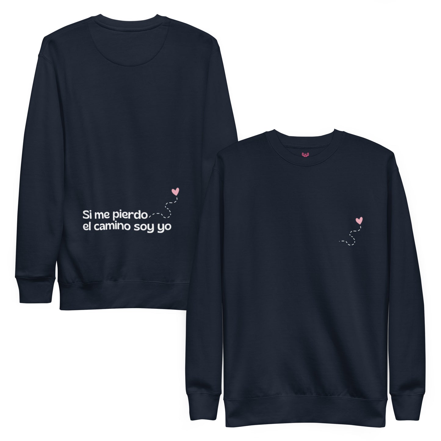 Detalle frontal y trasero de sudadera mujer “Si me pierdo el camino soy yo” en color Navy, textura y corte visibles.