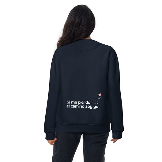 Vista trasera de sudadera mujer “Si me pierdo el camino soy yo” en color Navy, con estampado de frase inspiradora.