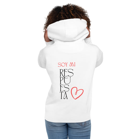 Sudadera con capucha mujer "Soy mi respuesta" color blanco, vista espalda
