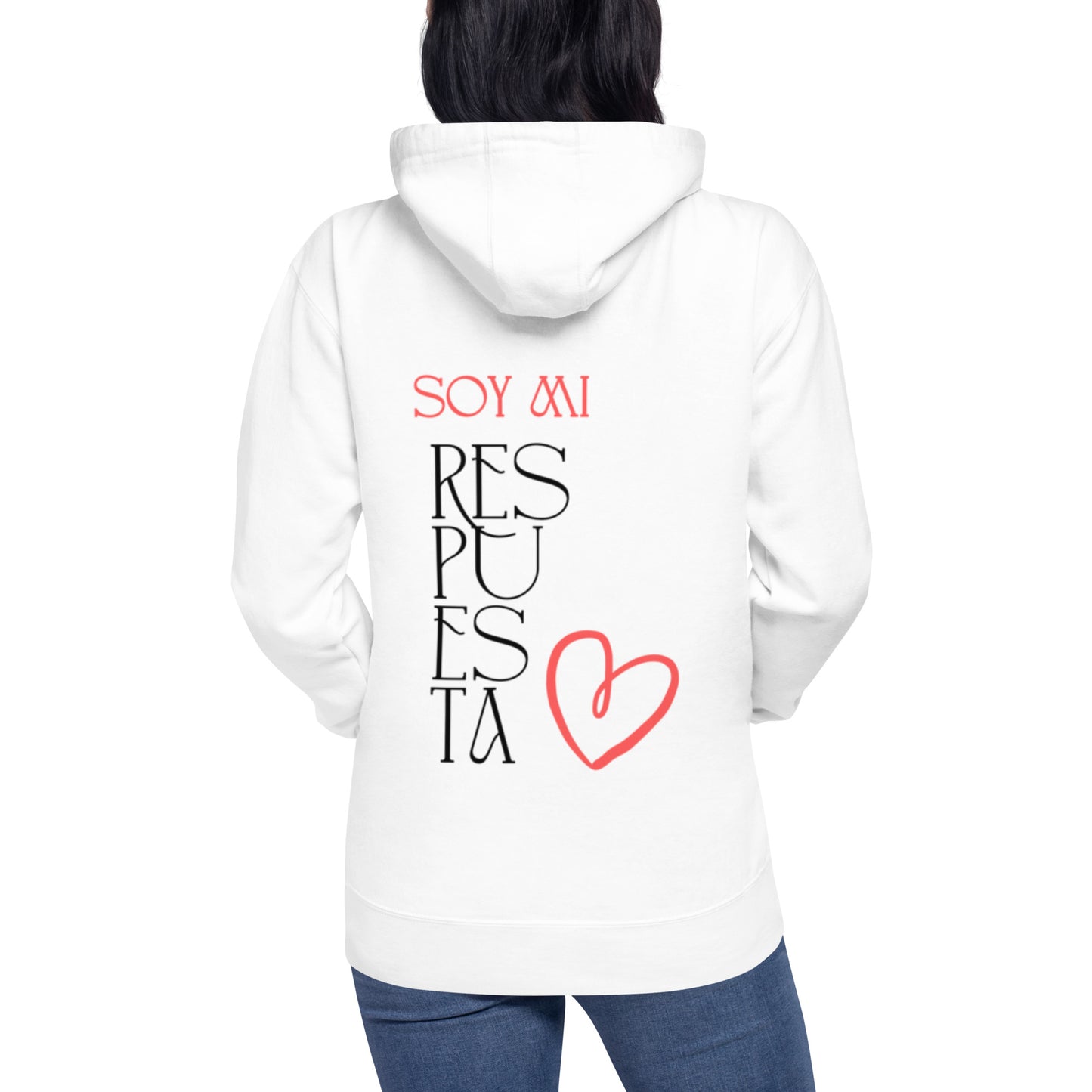 Sudadera con capucha mujer "Soy mi respuesta" color blanco, vista espalda 2