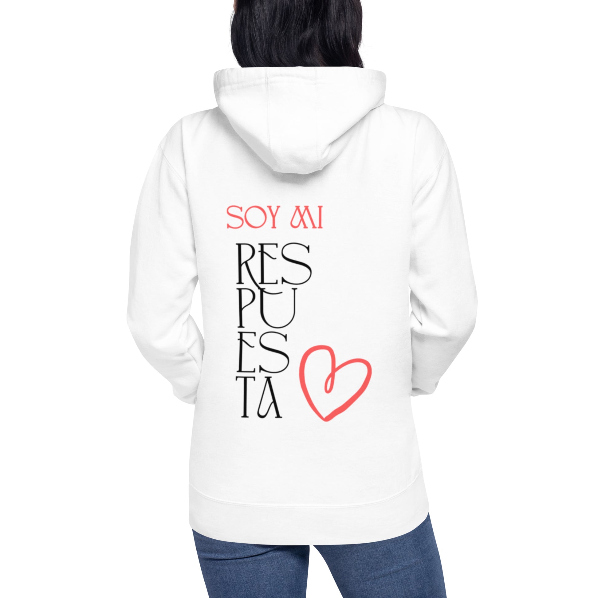Sudadera con capucha mujer "Soy mi respuesta" color blanco, vista espalda 2
