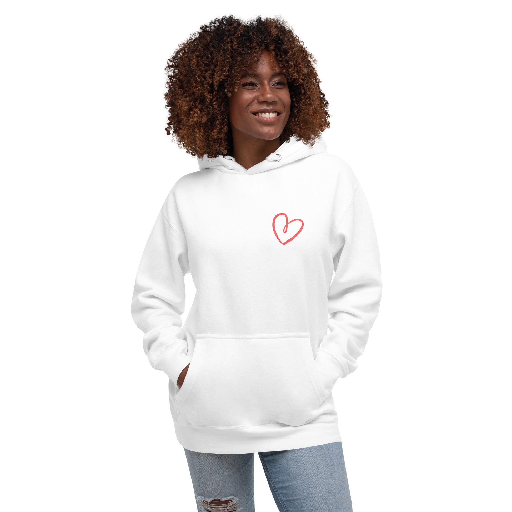 Sudadera con capucha mujer "Soy mi respuesta" color blanco, detalle prenda frontal