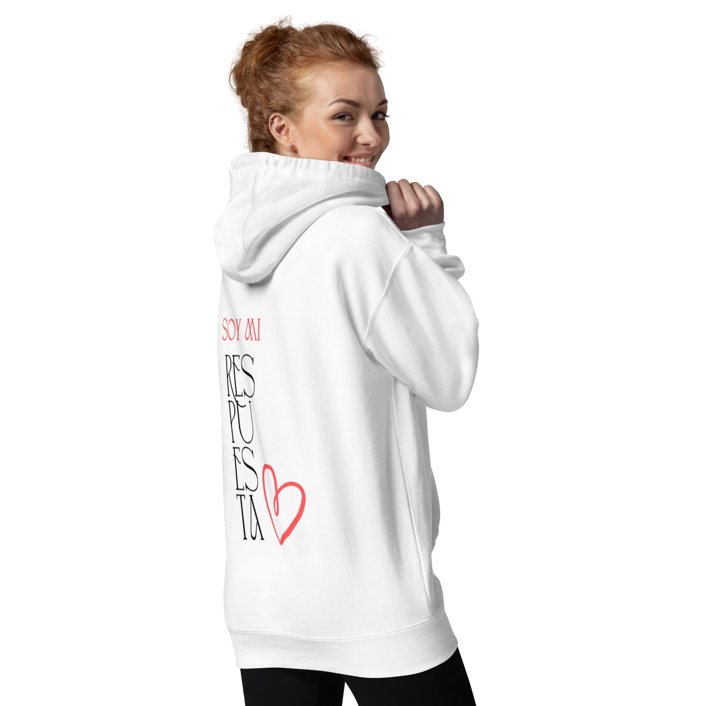 Sudadera con capucha mujer "Soy mi respuesta" color blanco, vista perfil trasero