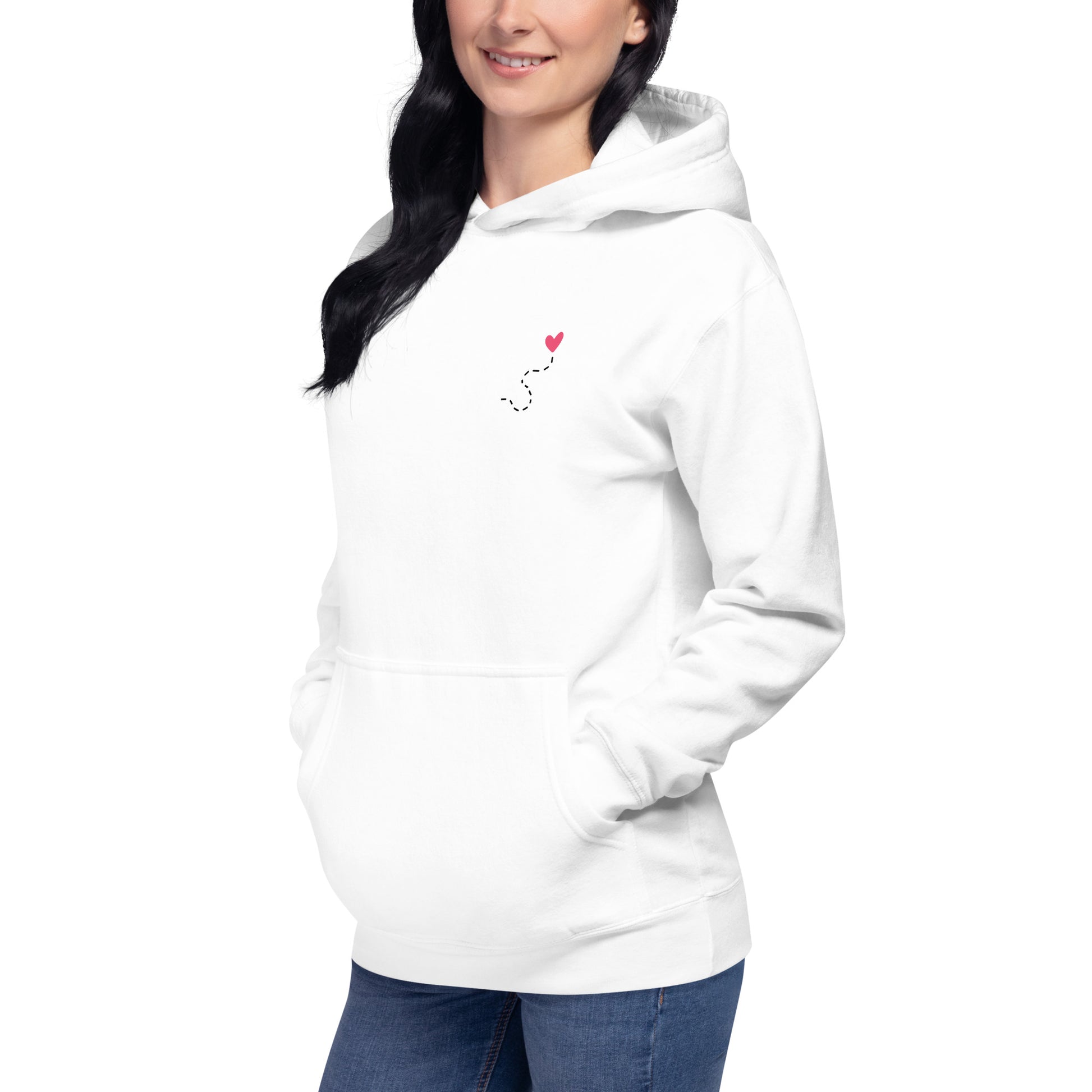 Vista frontal sudadera capucha blanca con frase consciente, Amadíssima