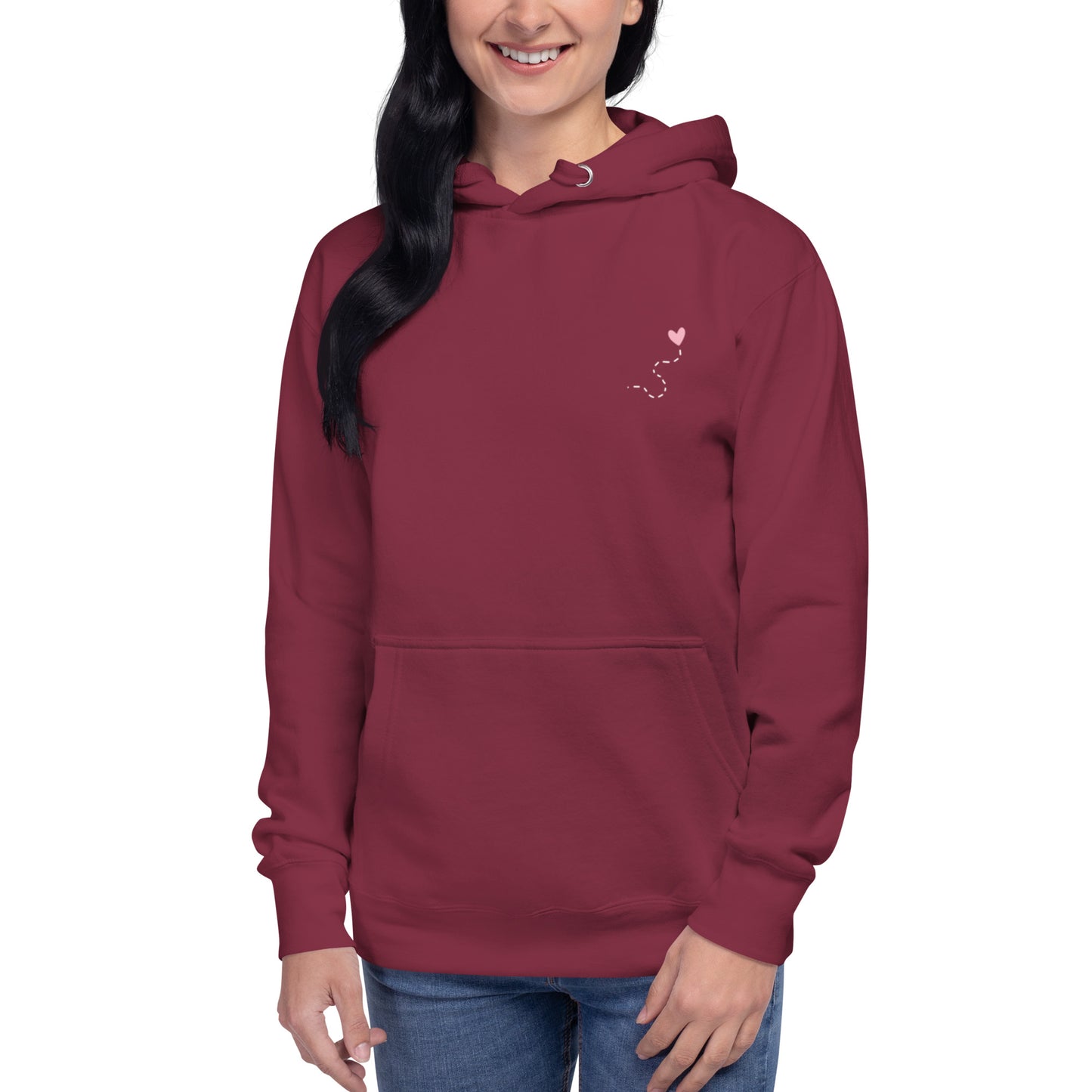 Vista frontal sudadera capucha maroon con frase consciente, Amadíssima