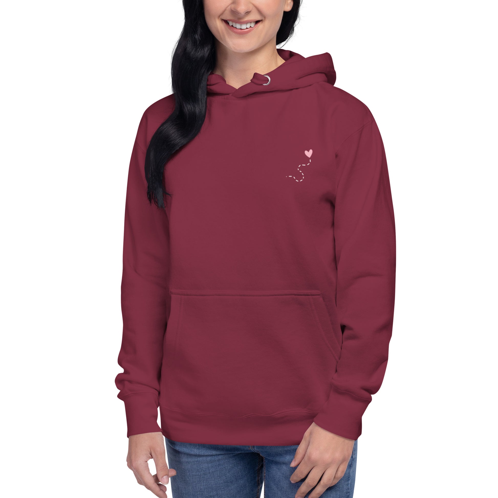 Vista frontal sudadera capucha maroon con frase consciente, Amadíssima